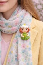 Broșă mărțișor păpușică Ghiocel – handmade din lut polimeric (Eva Art)