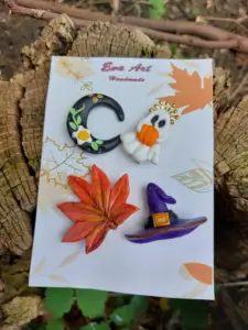 Set broșe "Halloween Magic" - Fantomă, Lună, Frunză de Toamnă și Pălărie de Vrăjitoare